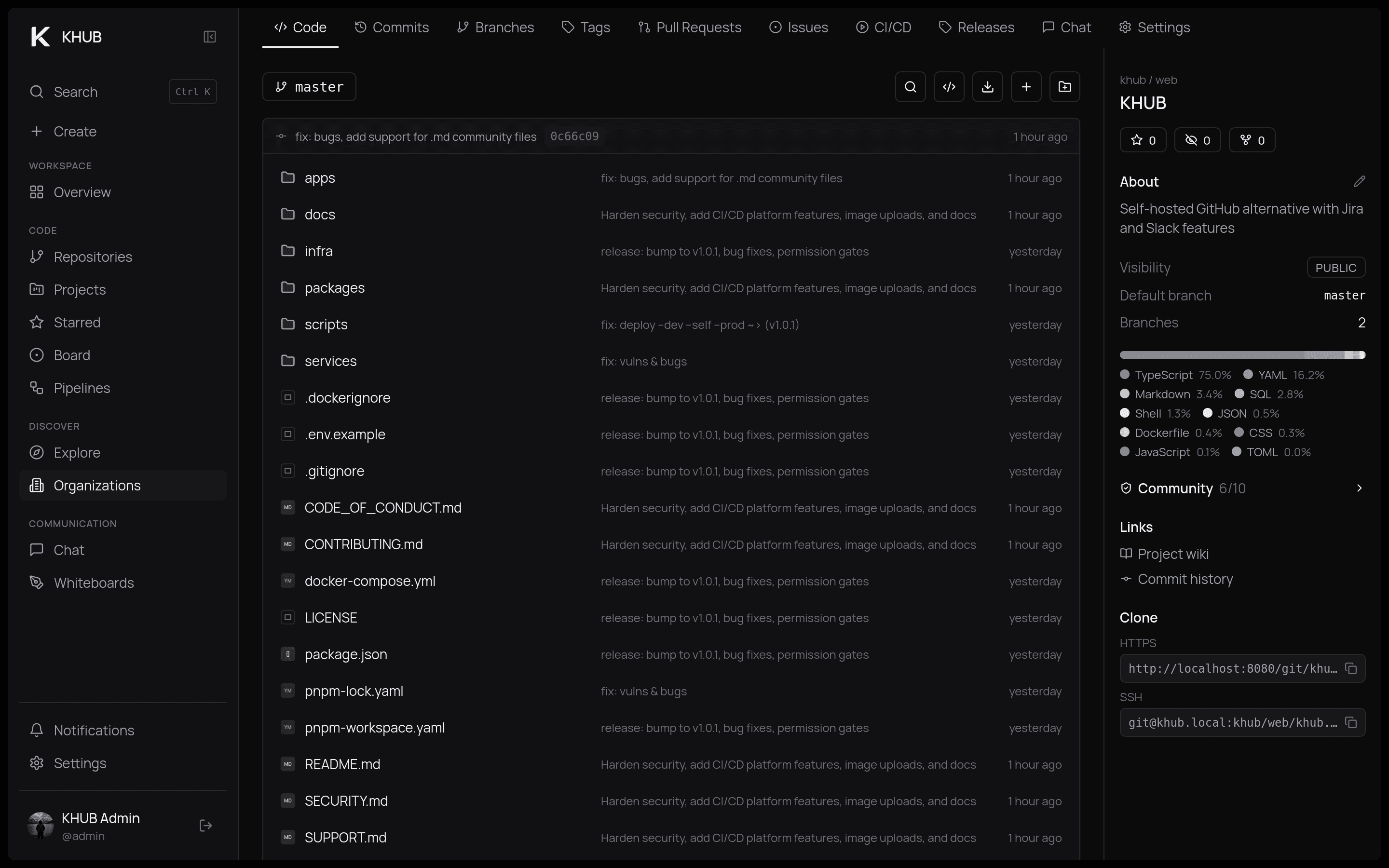 KHUB code browser showing a repository file tree, commit history, and language breakdown